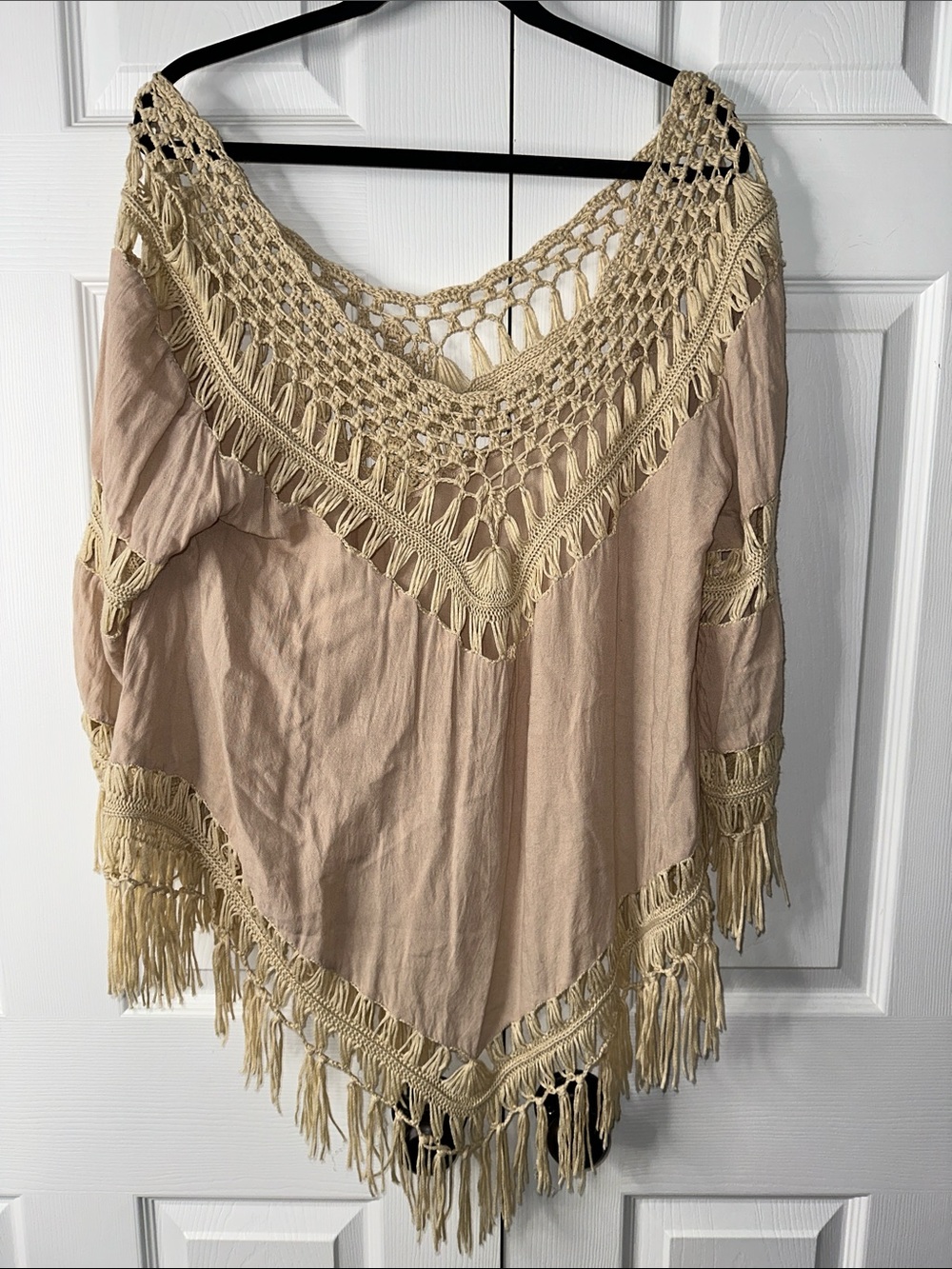 Umgee Beige Crochet-Trim Fringe Tunic Top